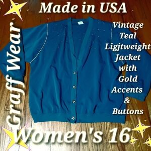 Graff Wear Teal Jacket Lightweight with Gold Accents & Buttons Women's 16